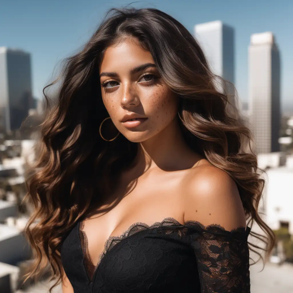 outside downtown Los Angeles model Latina model with freckles wearing seamless voluminous long wavy brunette  balayage lace front she is layers wearing black dress 
