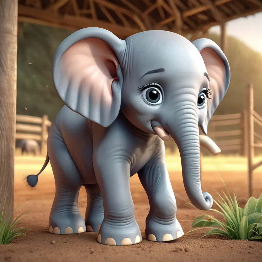 Create a 3D illustrator of an animated scene of a close up of a  baby elephant, looking very sad in a farm. Beautiful and spirited background illustrations.