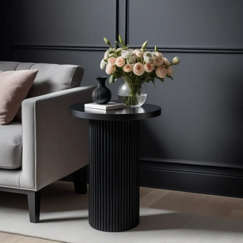 A product photography picture of a black side table with one fluted leg and flat table top in the centre of a contemporary living room with a vase of flowers on top of it.