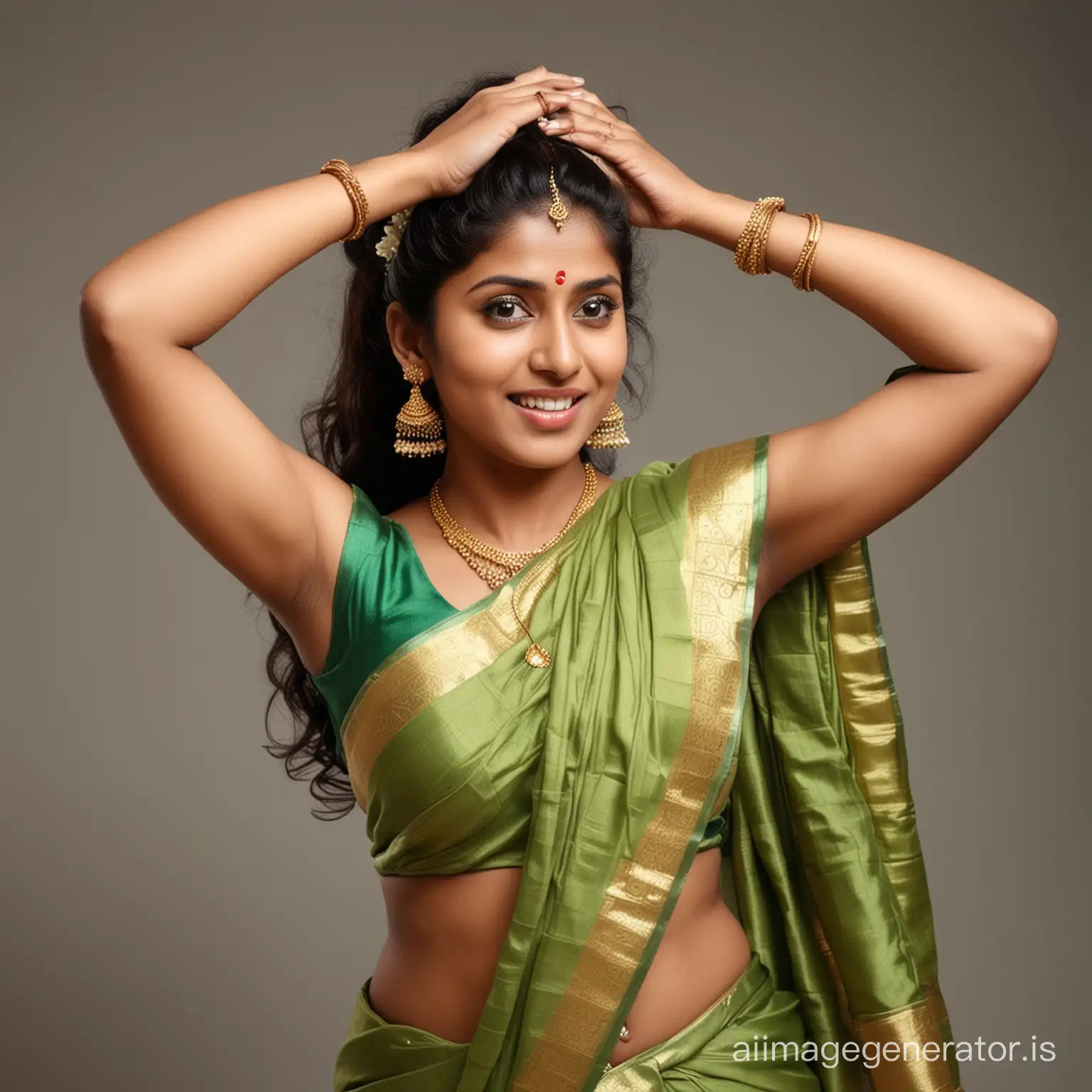 South Indian married women in age 30's in sleeveless blowse and Kerala saree with full hands raised and holding the back of head and tender unshaved hair in armpits, make it look traditional.