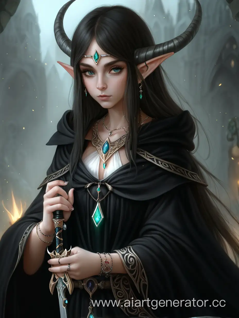 девушка, эльф, рога, черная мантия, драгоценные камни, украшения, меч