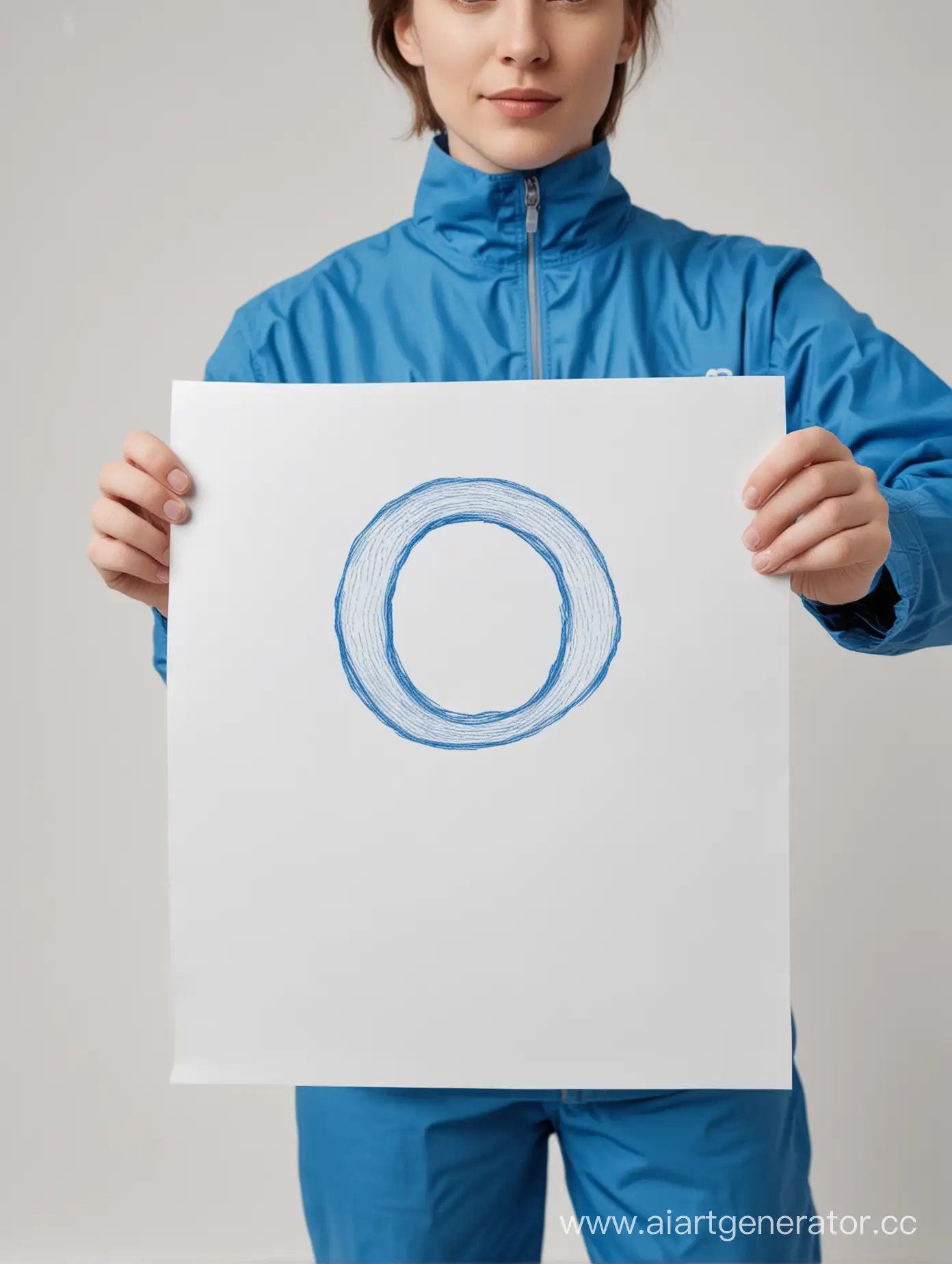 человек в синей одежде на белом фоне показывают букву "О" нарисованную на листе бумаги