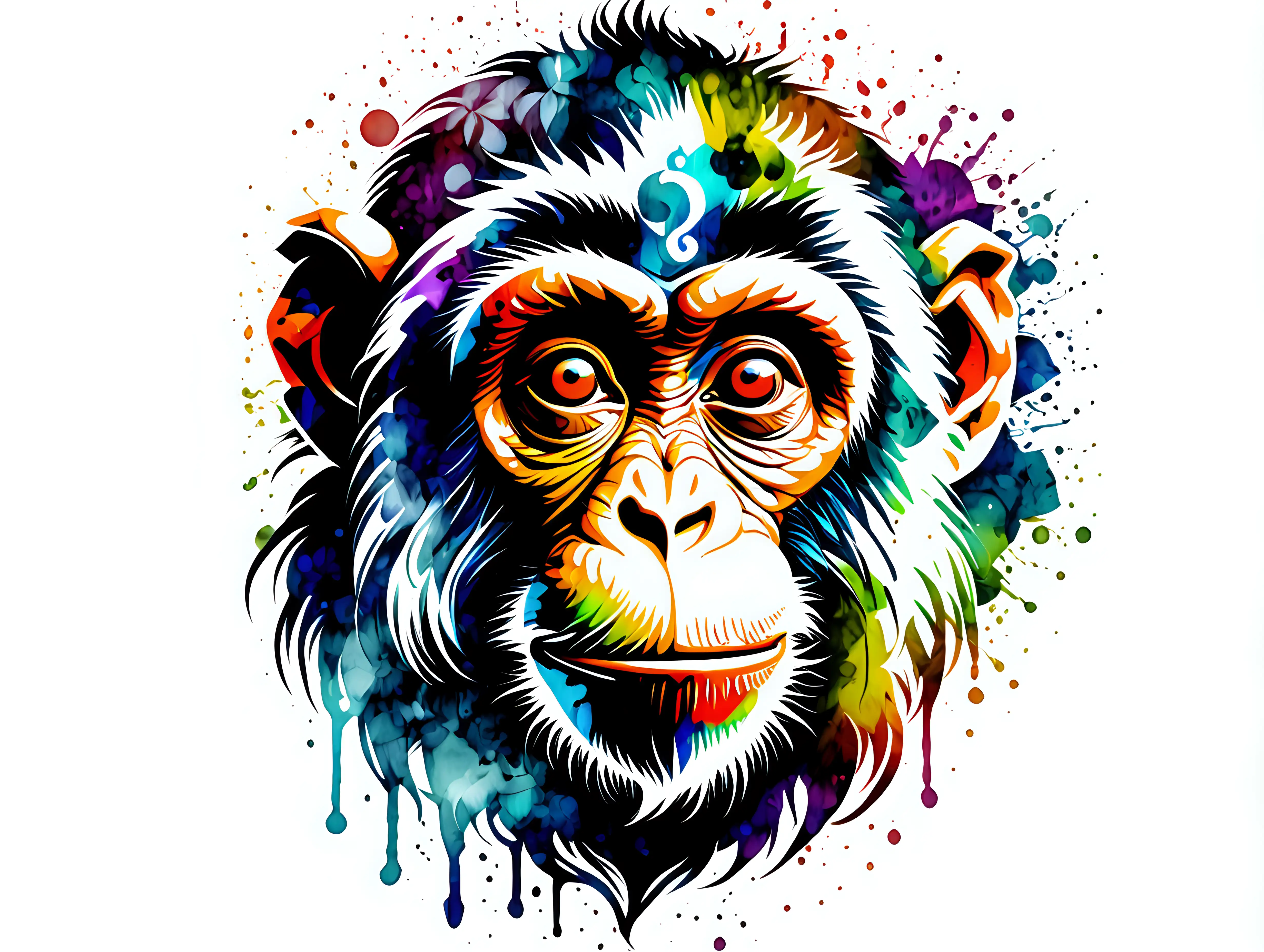 Psychedelic Multicolored Monkey TShirt Design in Aquarelle Style