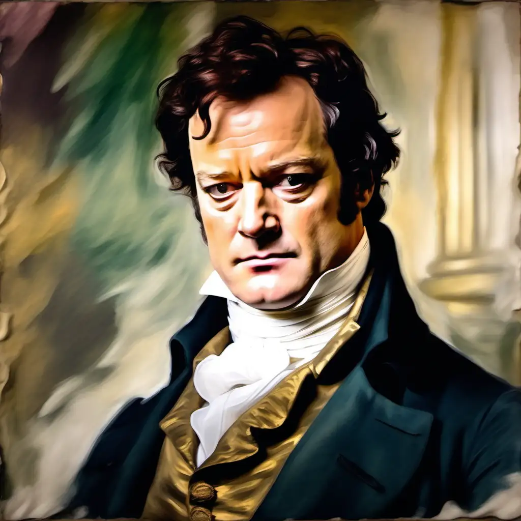 fresco painting style of Colin Firth as Mr Darcy in pride and prejudice making a disgusted face, deep frown, less eyebrow furl, he looks like he smelled a fart but is trying to hide it, impressionist oil painting 