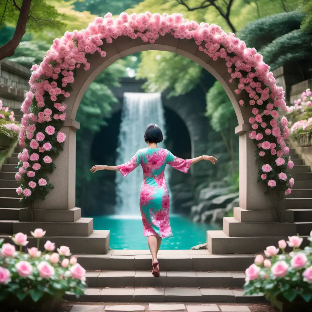 A happy woman in her 40s with short black hair is dressed in a turqouise dress, she is standing on one side of a portal, she is looking through the other side of the steps through a type of archway of spinning pink energy, there are small roses and lotus flowers, there is a waterfall in the garden, Japanese trees