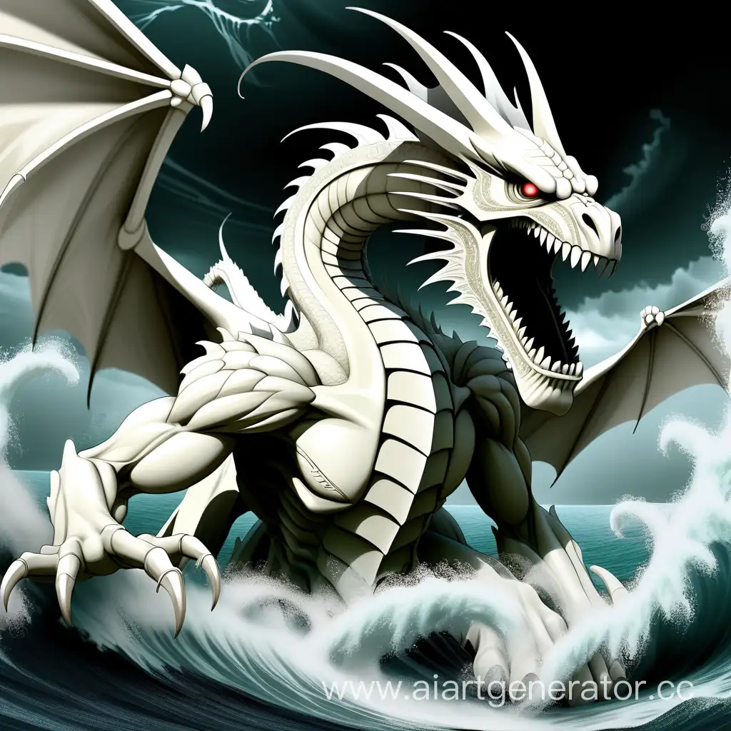 book cover for attack on titans with a white dragon in an ocean, add text art Attack on titan on the image, and author is habiba