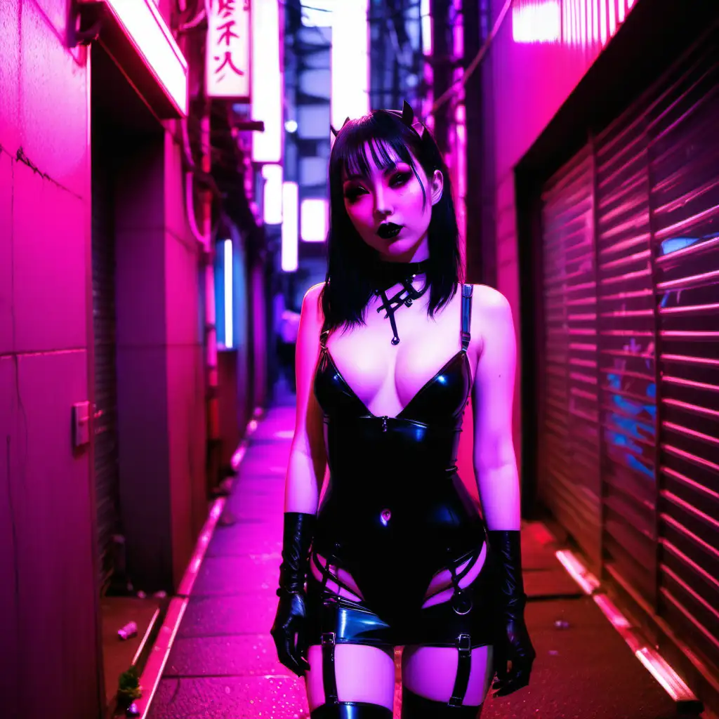 Goth girl. Latex lingerie. Pink Neon lights. 
Alleyway. Tokyo.