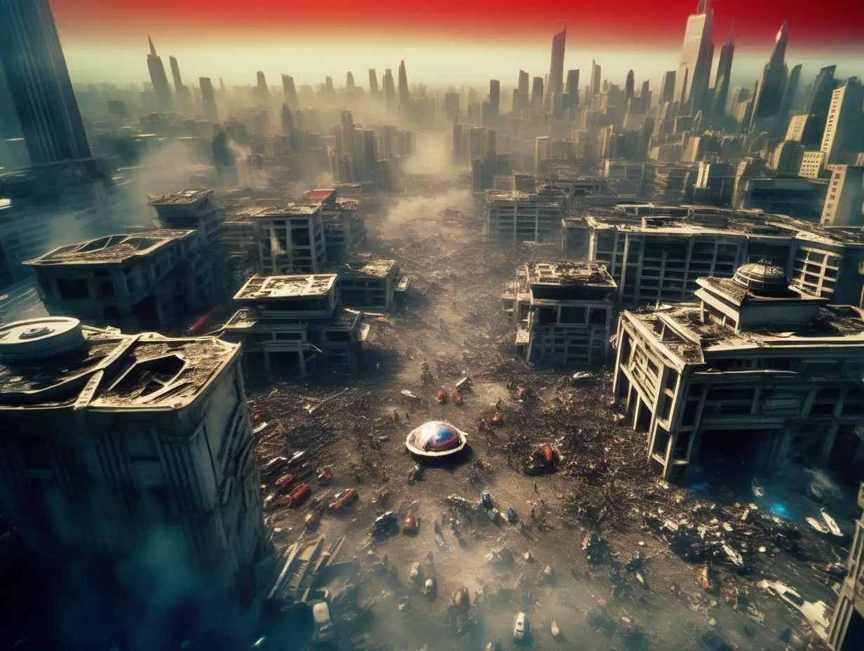 cinematic film still, gatchaman.  battle of the planets. dystopian city ruins, shallow depth of field, vignette, highly detailed, high budget hollywood movie, bokeh, cinemascope, moody, epic, gorgeous, film grain