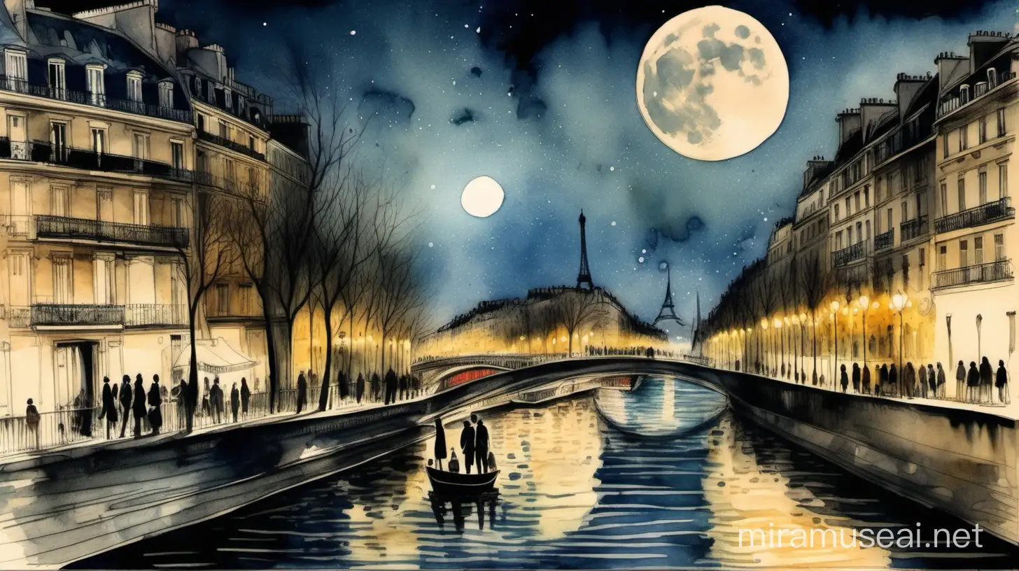 an evening in the streets of paris, a path along the banks of the seine, a young couple of lovers walking closely together in the foreground, full moon, clear night, a brightly lit ship full of people on the river, detailed charcoal, delicate watercolour and ink