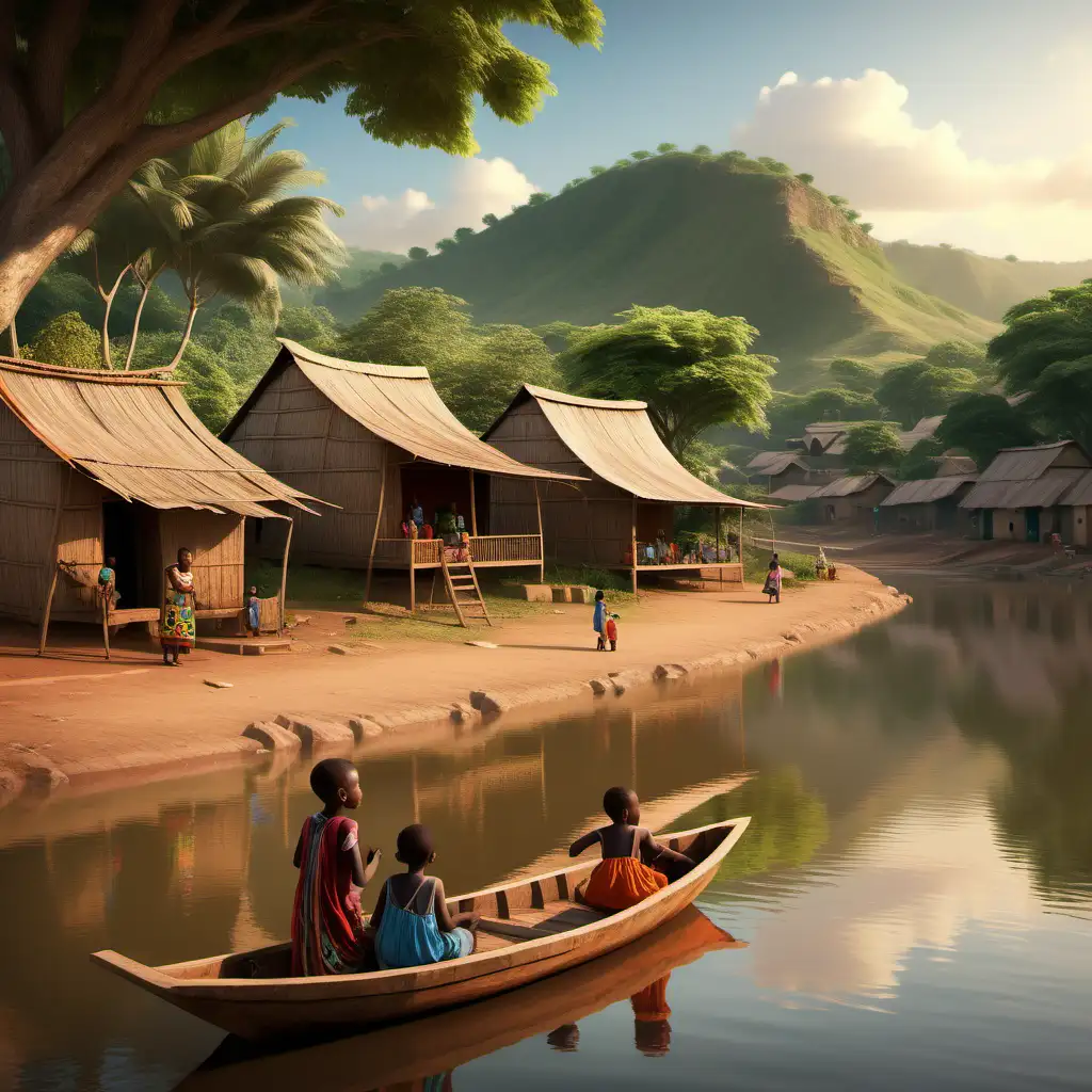 In an African village nestled by a serene river, children sit along the water's edge, captivated by an older man navigating a wooden boat. Majestic hills and lush greenery form a picturesque backdrop, while women engage in daily activities nearby. The warm hues of village huts and vibrant fabrics add charm. Under a gentle sun, this scene embodies the daily life and timeless beauty of the community, as the river flows quietly, connecting generations in a tranquil and heartwarming tableau.
make realistic
