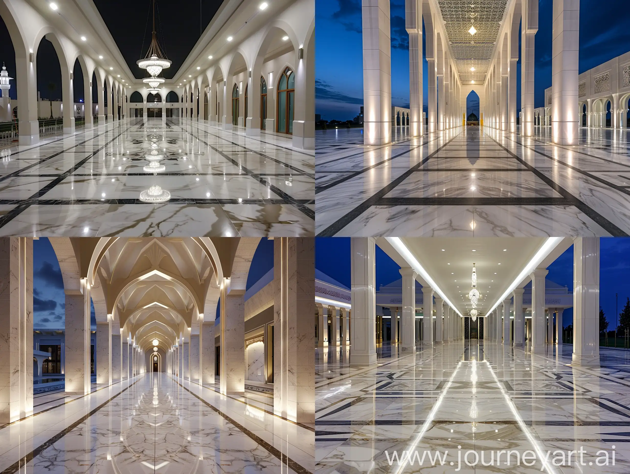 The marble floors shine at night in the corridors and complex the mosque. This mosque has a modern design with an open concept to attract the majority of Muslim and visitors