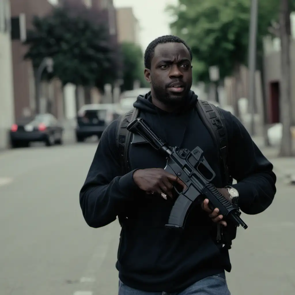 a black 30-year-old man with a gun in the street