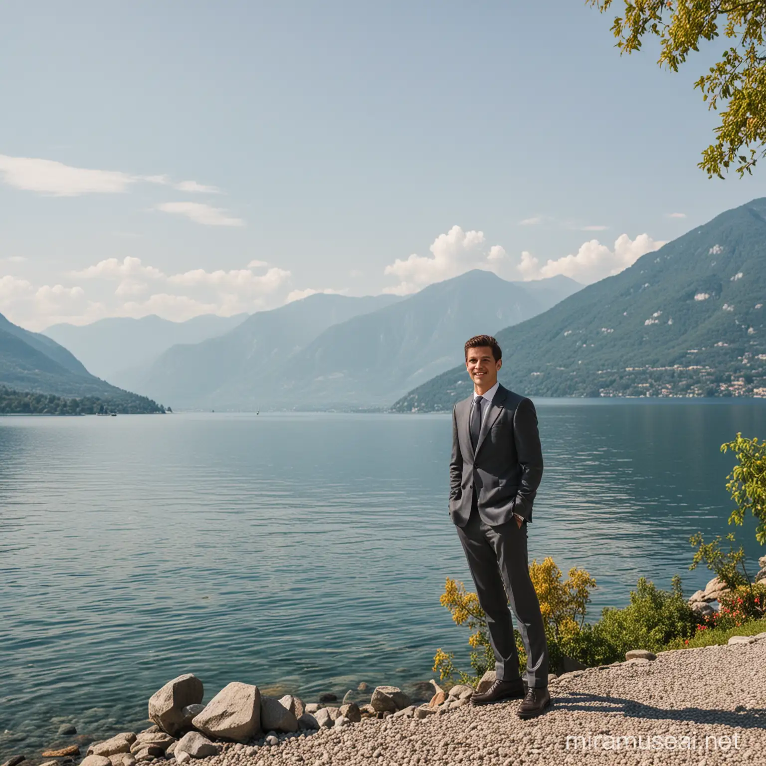 Young business man, in the background lake Maggiore, Italy