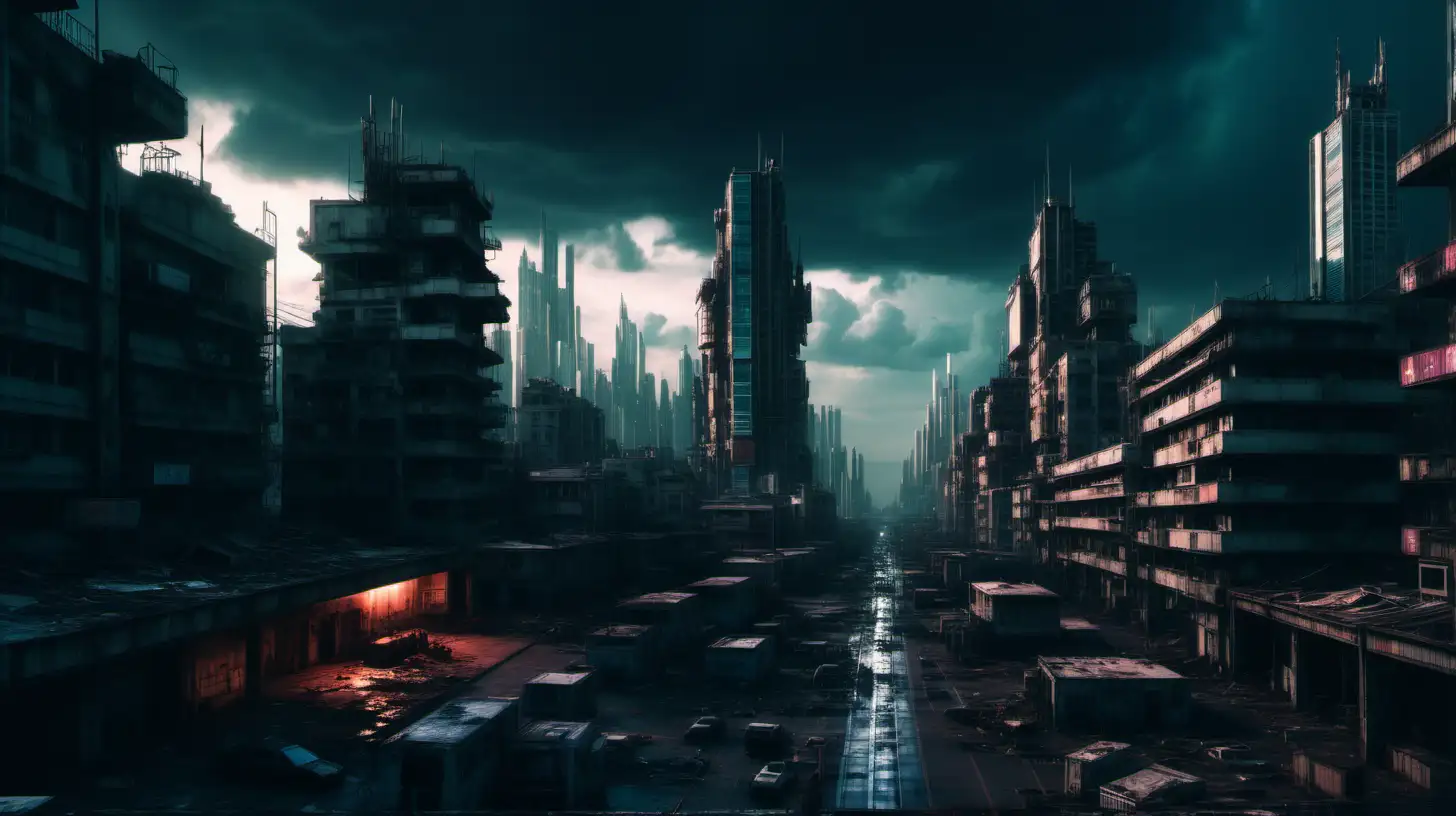 A vast abandoned Cyberpunk city at dusk, a dramatic cloudy sky, cinematic lighting, photographic quality.