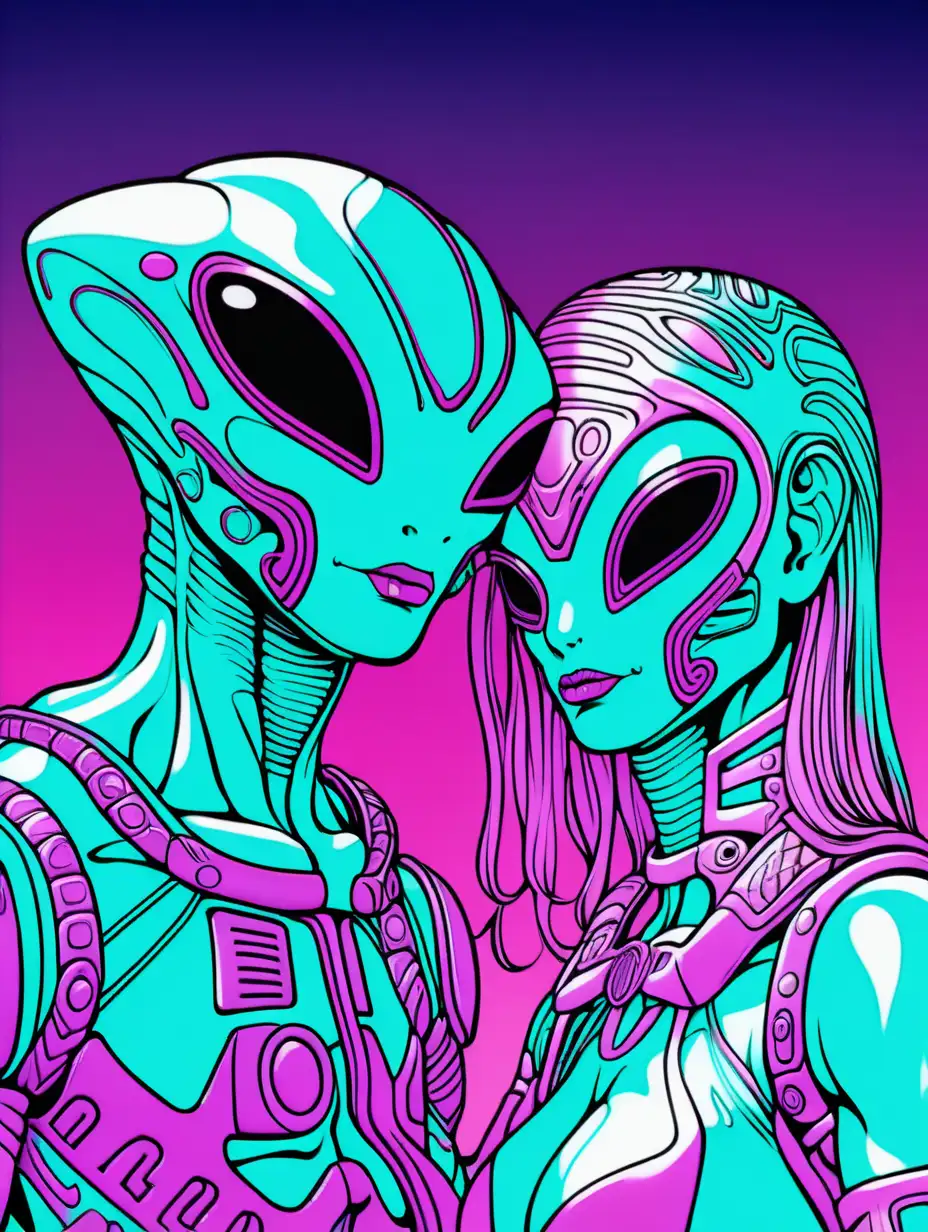 Adult coloring book, vaporwave, detailed  GOTH female ALIEN and male ALIEN, latex gimp hood mask,  nightclub, rave outerspace galactic
, vibrant colors, thick black outline, DMT, ACID TRIP, DETAILED