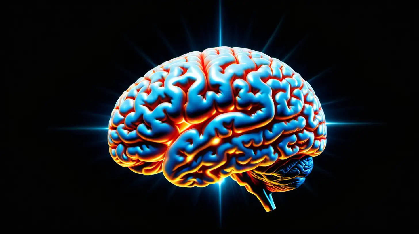 An image of a human brain floating in the vastness of space, its intricate details illuminated by ethereal, glowing lights against a deep black backdrop.