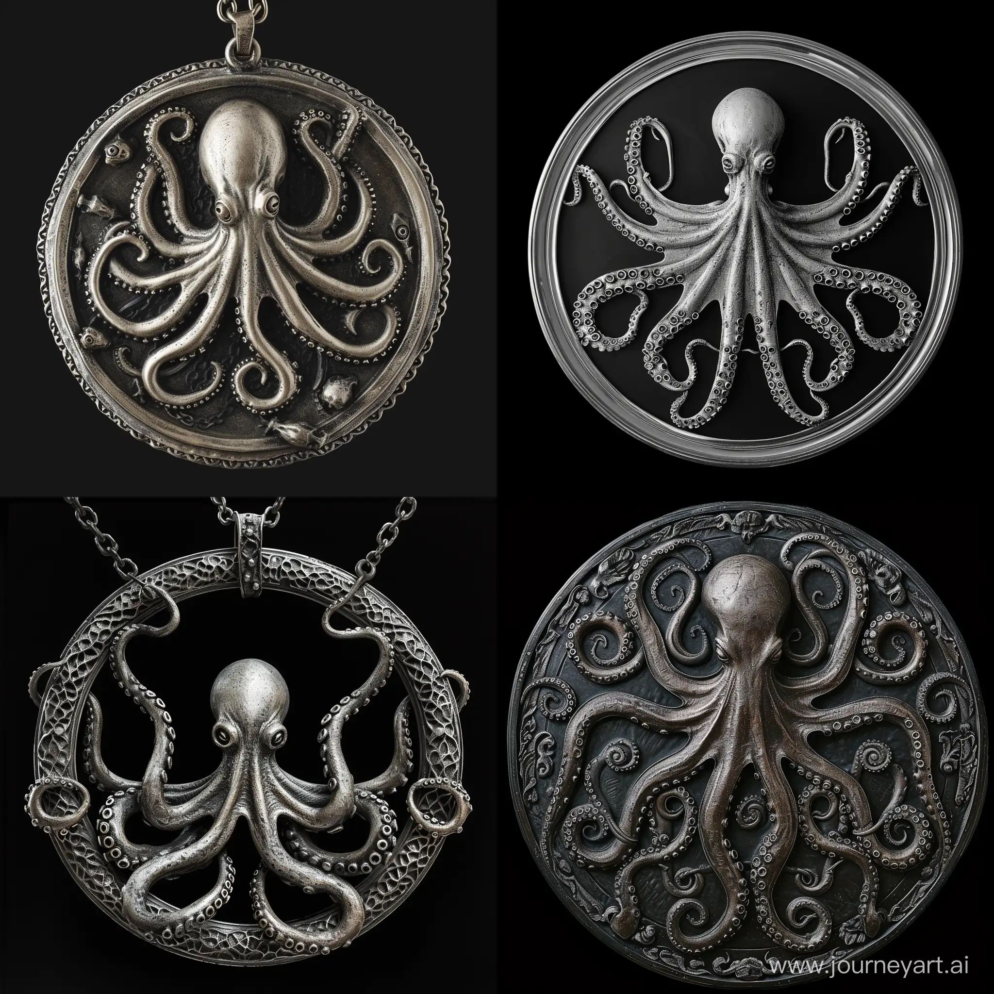 The image of a round silver pendant. 
The image of a round silver pendant. 
In the middle of the suspension is an octopus with crossed human legs. The octopus has a mustache. The octopus has no tentacles. Behind him, various human legs stick out in a circle :: 
The edges of the suspension are the wheel on which there is a pattern, a pattern of octopus tentacles that goes along the edge of the wheel and the human legs