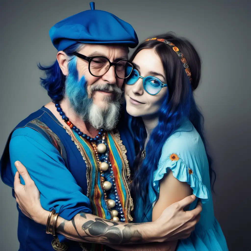 aristocratic man with blue beard and brunette in glasses and blue hippie top hugging each other