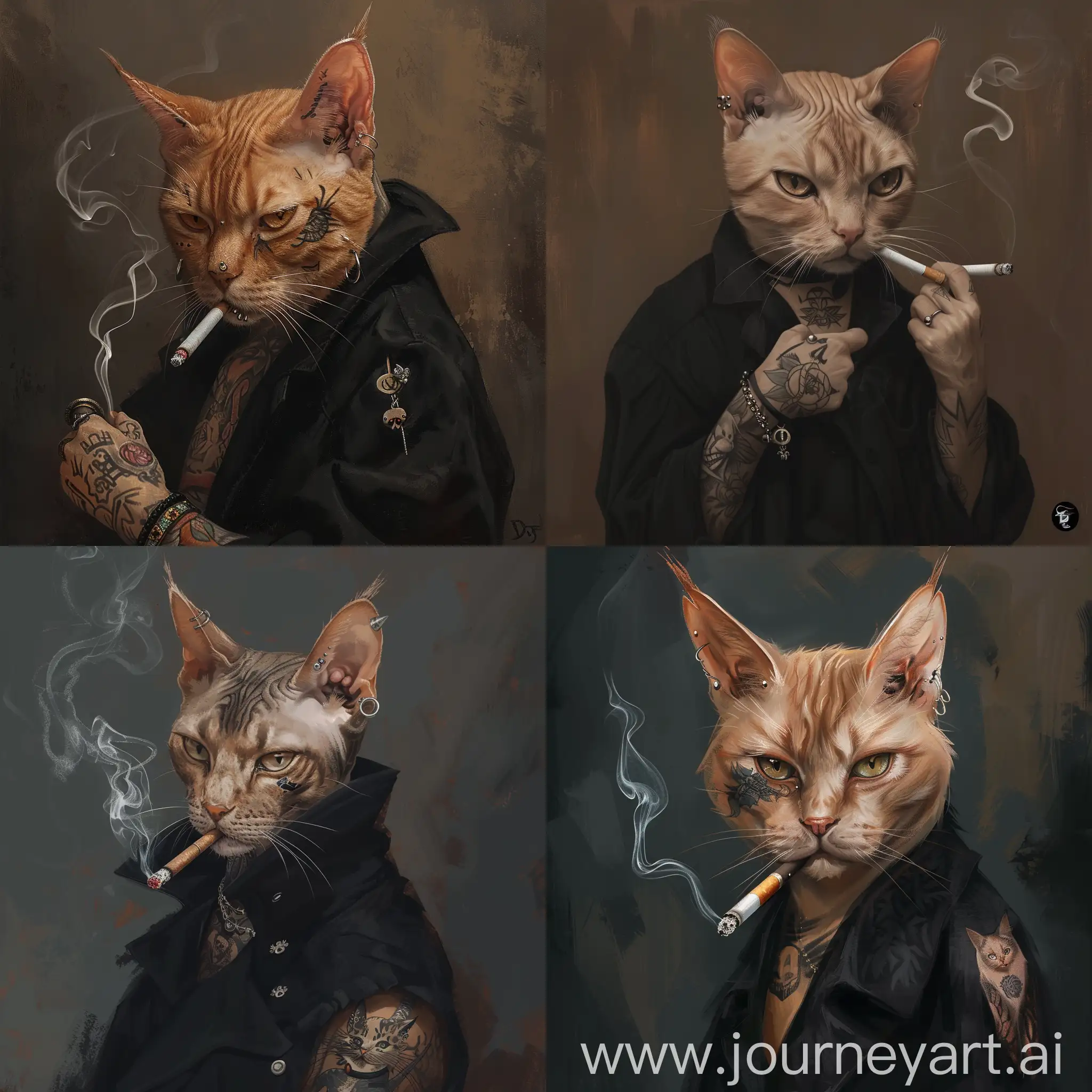 Portrait of a cat who smokes, has ear piercings and tattoos on his arms, dressed in black, painted in the style of dst