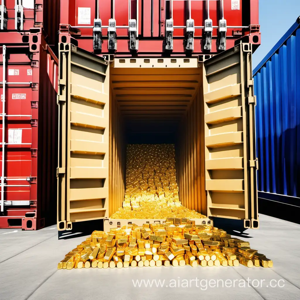 большой морской контейнер с открытыми дверями , заполненный золотыми слитками в большом грузовом порту 