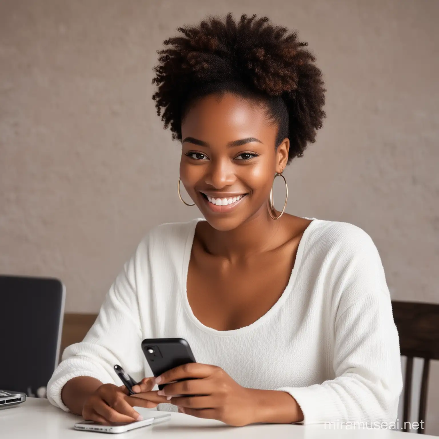Gorgeous african girl smiling while typing on phone 
