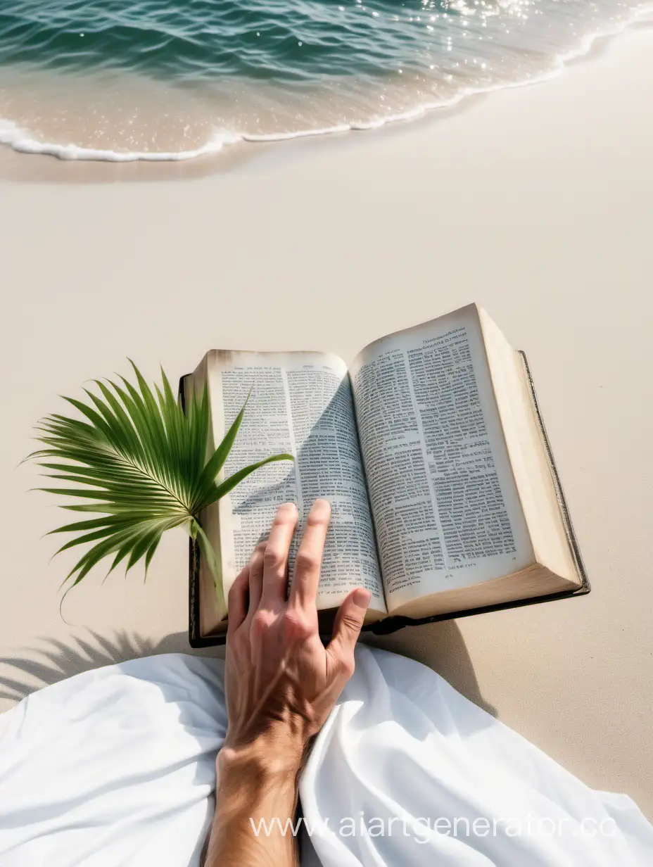 Man-Holding-Shining-Pearl-on-Palm-by-Open-Bible-with-Coastal-Greenery
