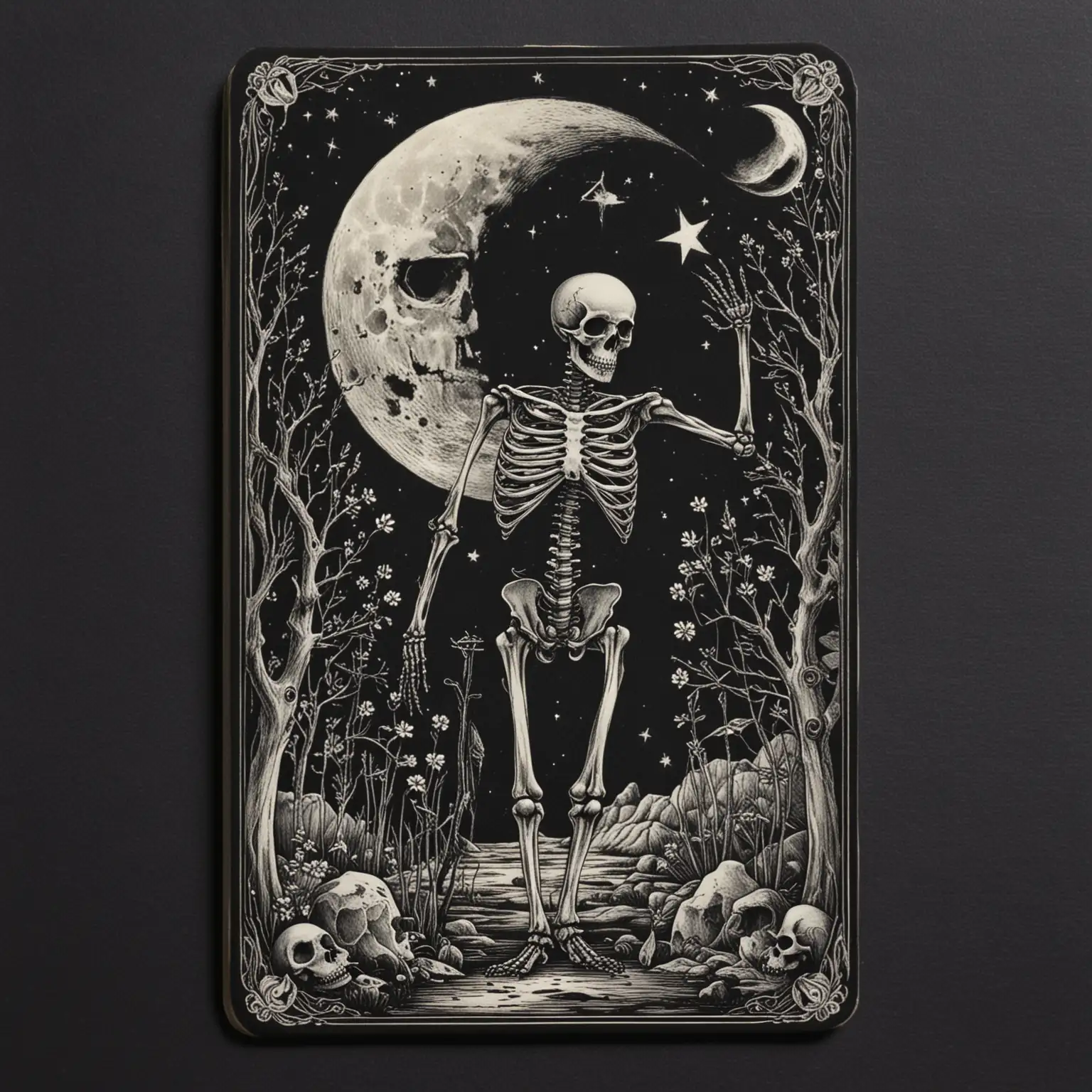 moon on a black tarot card with skeleton
