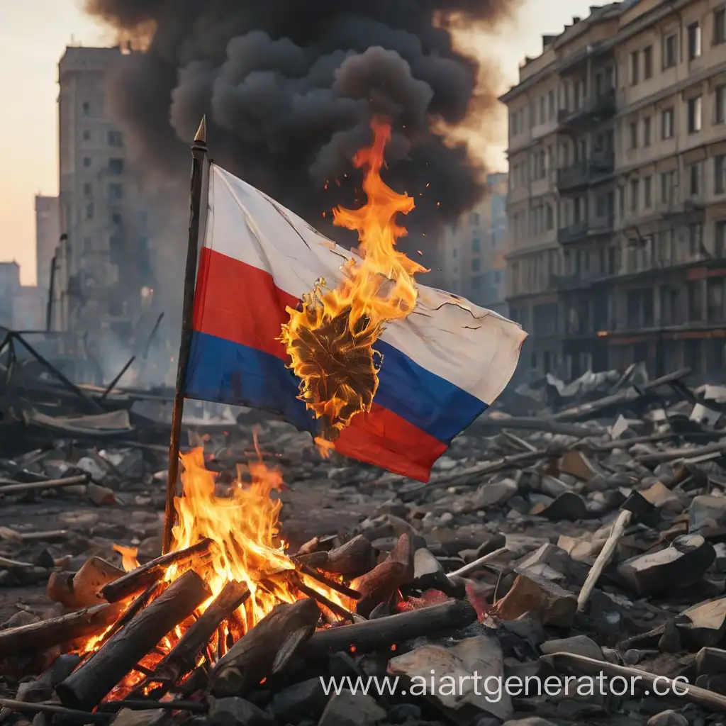 Destroyed-Russian-Flag-Smoldering-in-a-Bonfire-Amidst-Burning-Moscow-Cityscape
