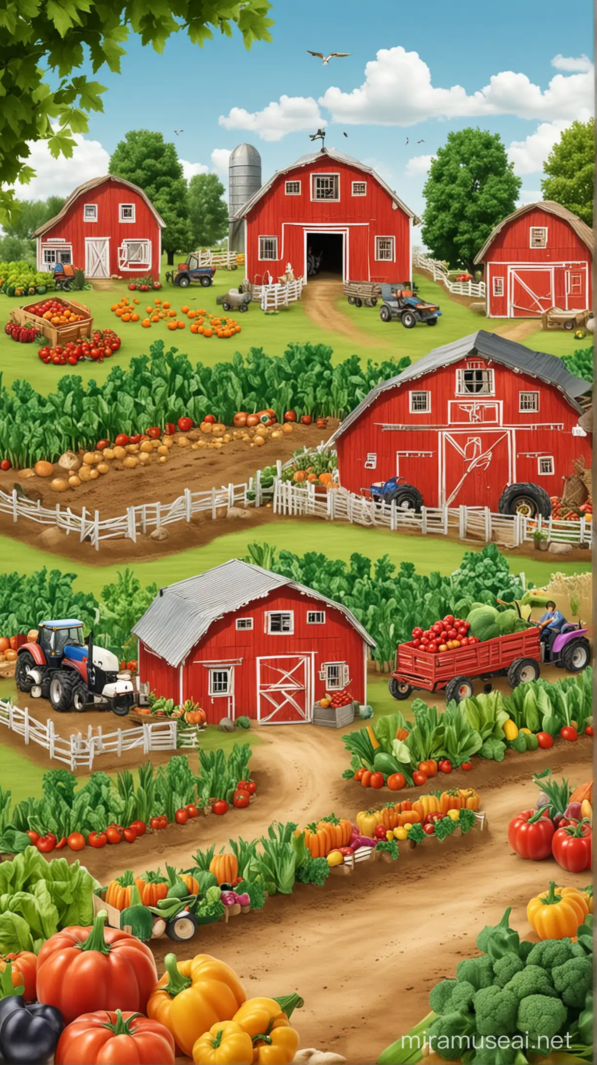 stwórz obraz farmy z warzywami i owocami, który będzie tłem do gry dla dzieci w wieku przedszkolnym