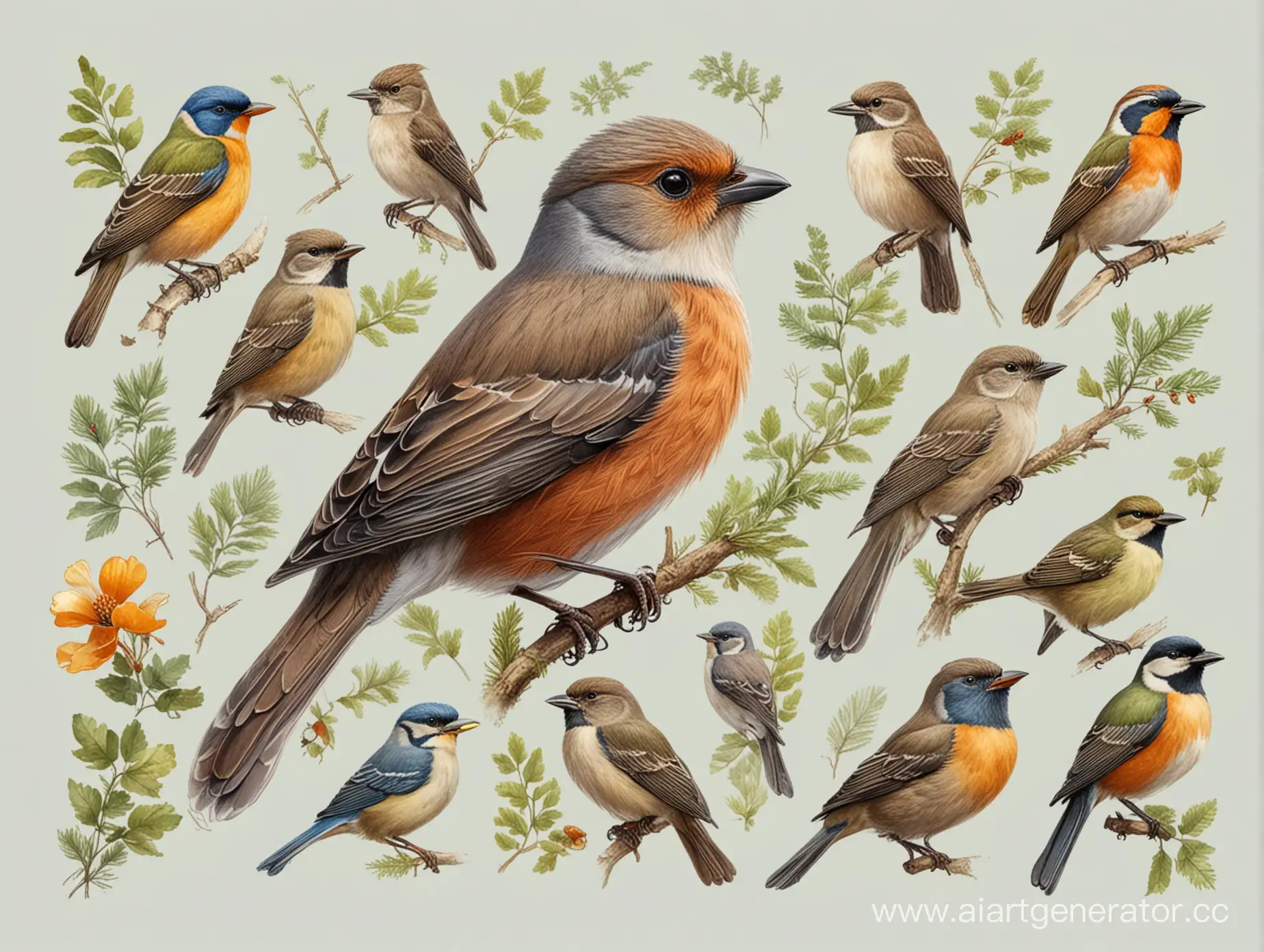 нарисуй мне картину с лесными птицами россии
 на прозрачном фоне, где каждая птица нарисована по отдельности