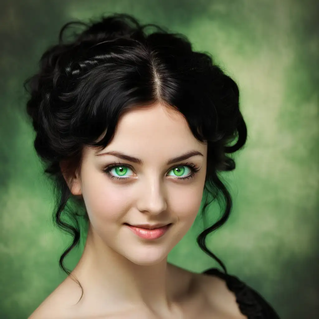 beautiful young woman, green eyes, smirk, black hair, green eyes, 19th century
