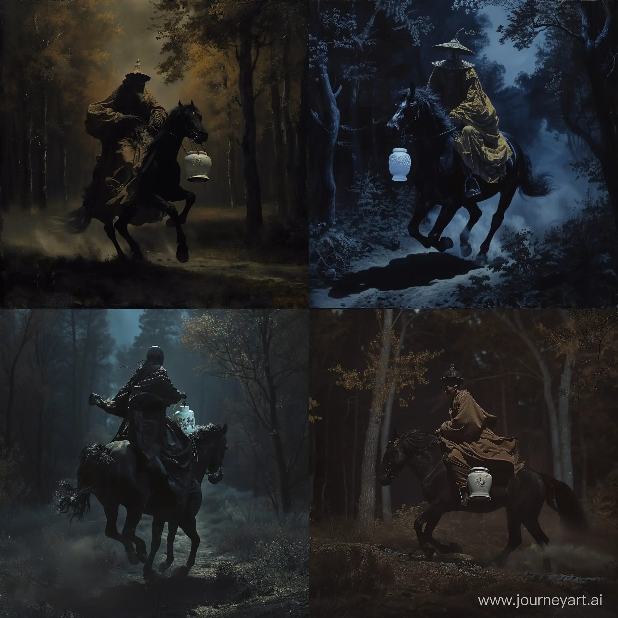 A mysterious monk rides his black horse running through the dark forest at night, carrying a white Chinese jar with ashes inside , rembrandt light --v 6.0