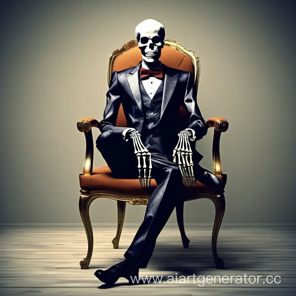 skeleton wearing a fancy formal suit. sitting on a chair. empty room only has one chair. 