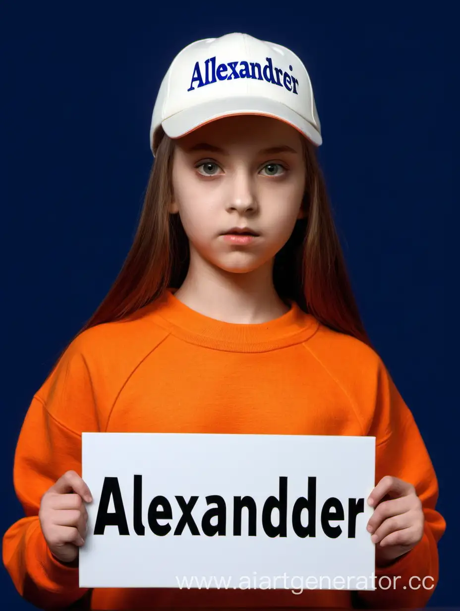 Девушка, в ,белой бейсболке и оранжевой толстовке, держит в руке табличку на которой написано "ALEXANDR", детализировано, фон темно-синий 