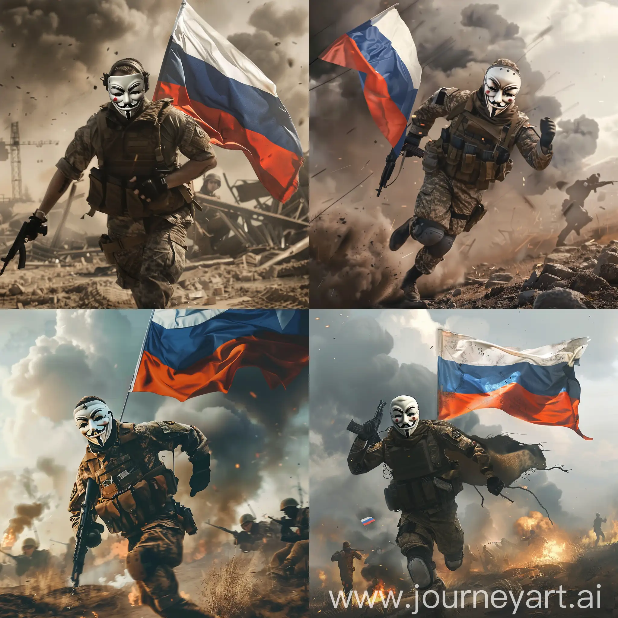 
A soldier in an Anonymous mask with a Russian flag in his hands runs across the battlefield