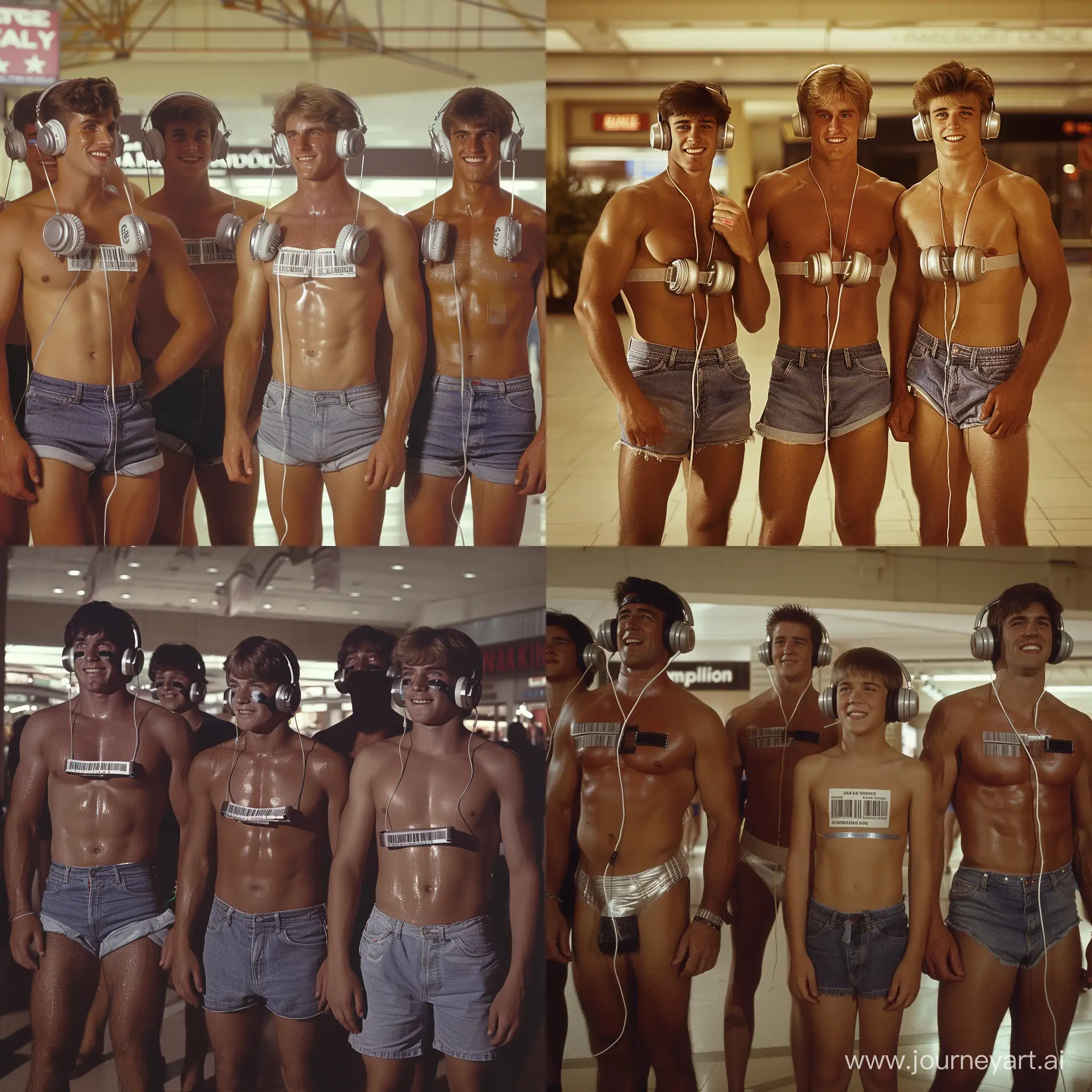 Handsome muscular middle-aged men and handsome muscular college-age boys each wear silver headphones and fitted denim cutoff shorts, dazed smiles, small barcode attached to each man's chest, 1980s shopping mall setting, facing the viewer, mass indoctrination, color image, hyperrealistic, cinematic

