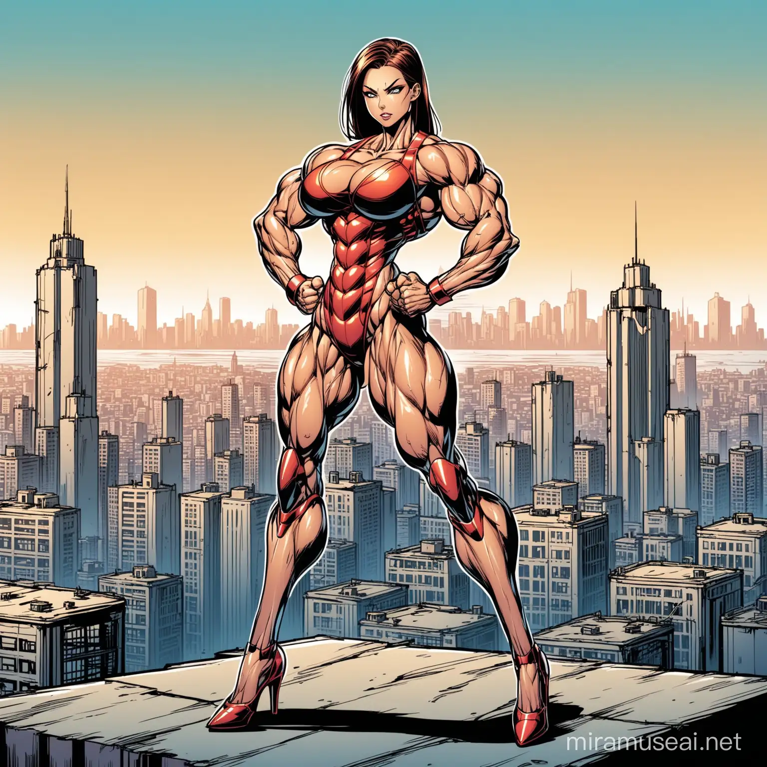 Очень красивая худая очень мускулистая молодая девушка робот,покрыта large veins, с макияжем, на каблуках, напрягает бицепс, стиль комиксов, на фоне города 