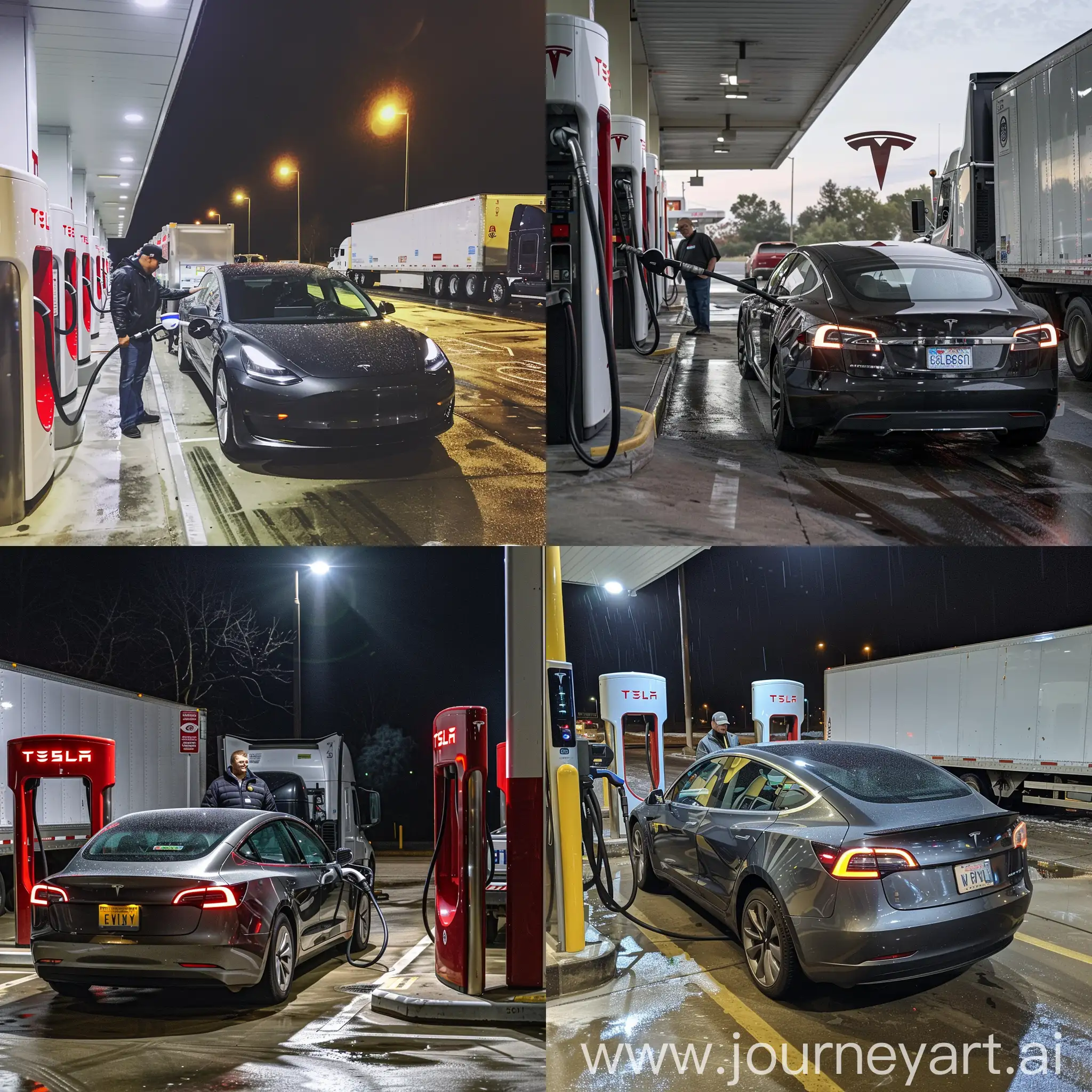 Tesla-Driver-Fueling-Electric-Car-at-Conventional-Gas-Station-with-Observing-Truck-Driver