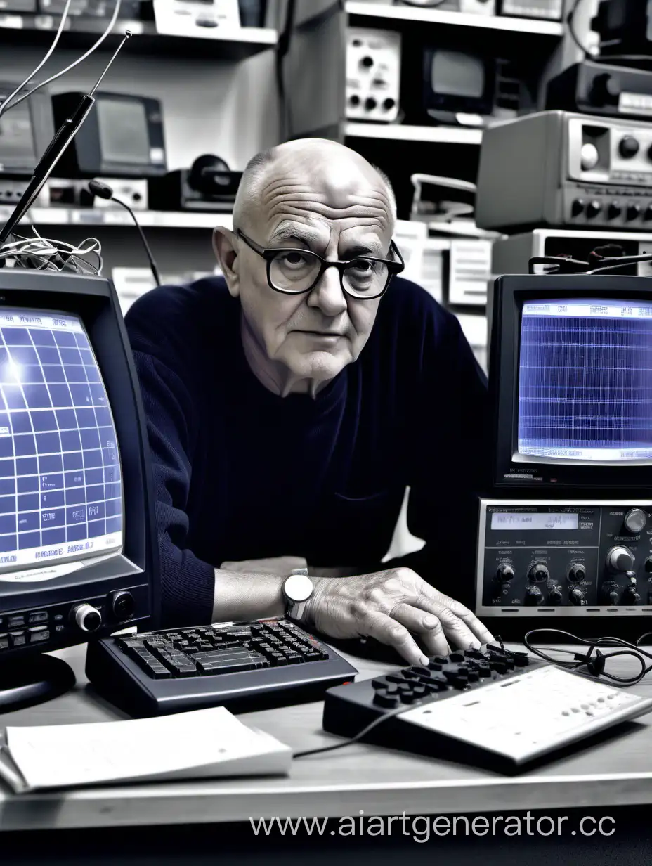 On the table in front of a handsome bald grandfather in glasses sitting in profile to us on the screens of three laptops are large start pages of different radio equipment shops, are visible on screens - logos of these shops and radio equipment itself (receivers, transmitters, antennas, radios): the grandfother analyses the sites of competitors.