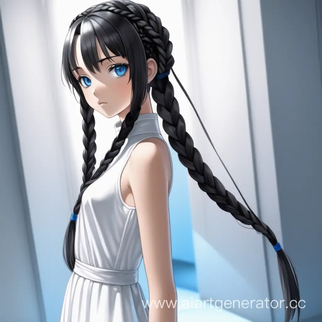 Slim anime girl with black hair in braids and blue eyes. In a tight white dress.