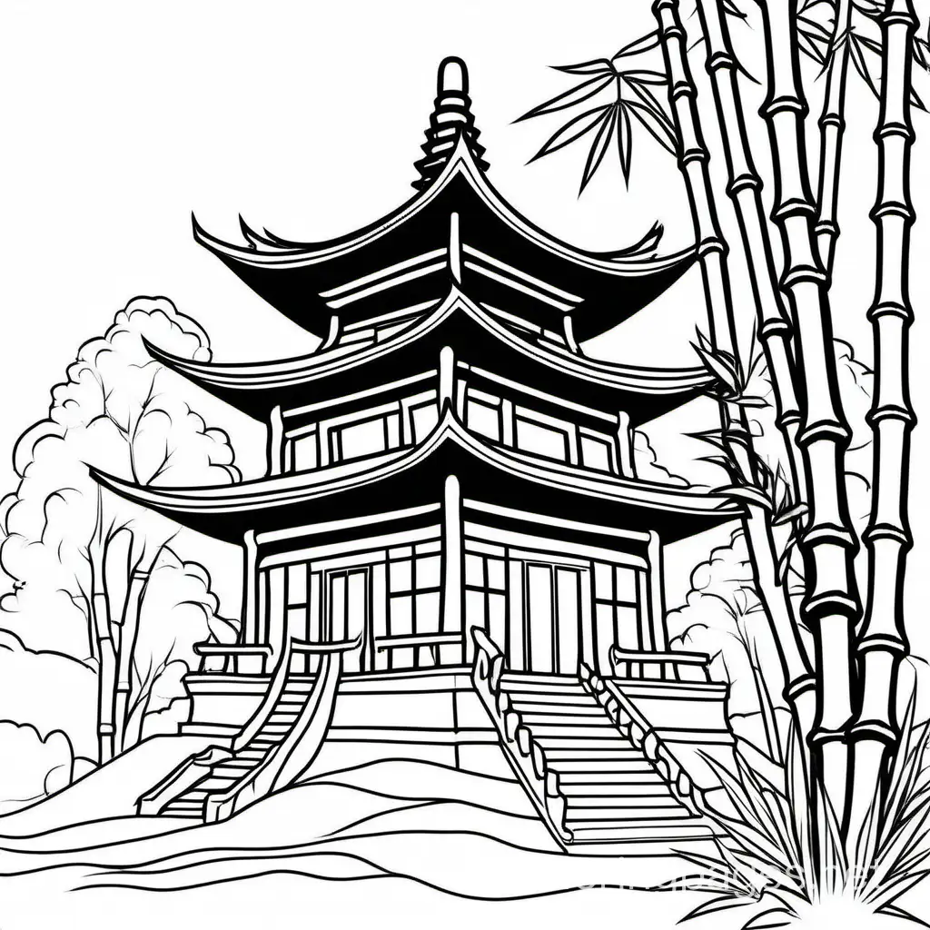 Buddhist pagoda And bamboo, Coloring Page, black and white, line art, white background, Simplicity, Ample White Space. The background of the coloring page is plain white to make it easy for young children to color within the lines. The outlines of all the subjects are easy to distinguish, making it simple for kids to color without too much difficulty