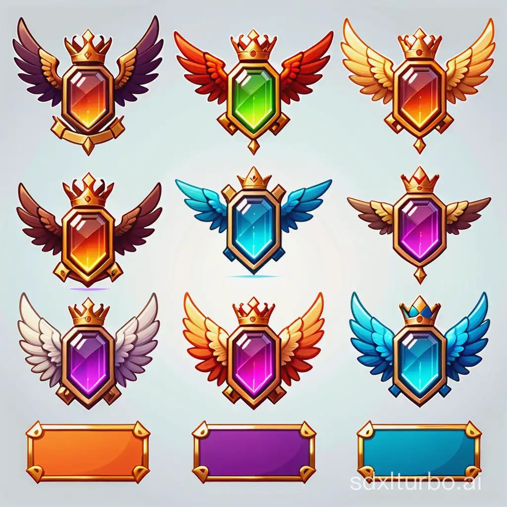 5 different designs of rectangular Game Avatar Frame in different colors, each with rounded corners, with wings and crown on the frames, in the style of an MMORPG frame icon for a medal system with a white background for game avatars, vector graphics in a cartoon style, white background, colorful color scheme, high contrast, bright color palette, bright and cheerful tone, simple shapes, simple design, flat style, 2D game art, high resolution, high quality, high detail, high contrast, professional photography, professional color grading, soft shadows, no grainy textures, no noise, Clean and minimalistic, No text or letters inside these boxes simple design with high quality, game design elements, in a casual mobile game style, 2D render