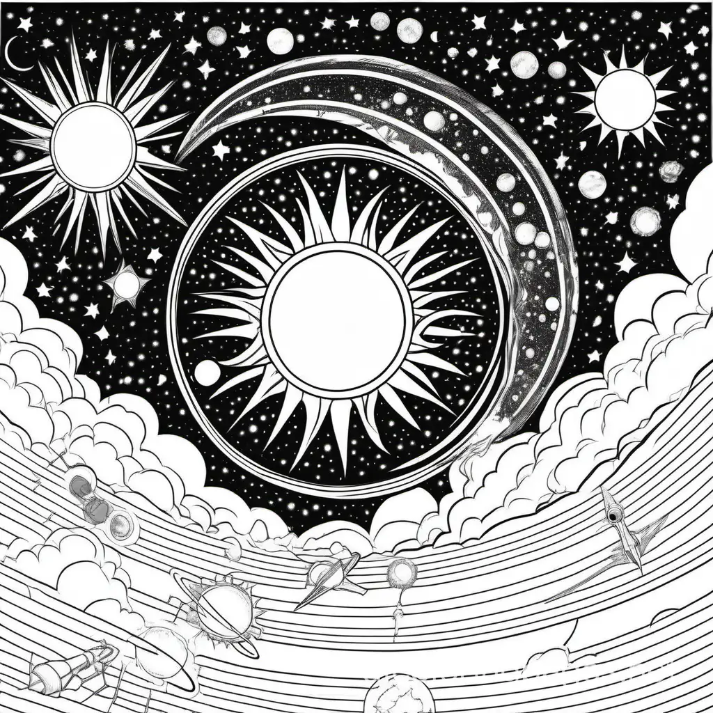 astrophysic of solar eclipse- a cosmic adventure
, Coloring Page, black and white, line art, white background, Simplicity, Ample White Space. The background of the coloring page is plain white to make it easy for young children to color within the lines. The outlines of all the subjects are easy to distinguish, making it simple for kids to color without too much difficulty
