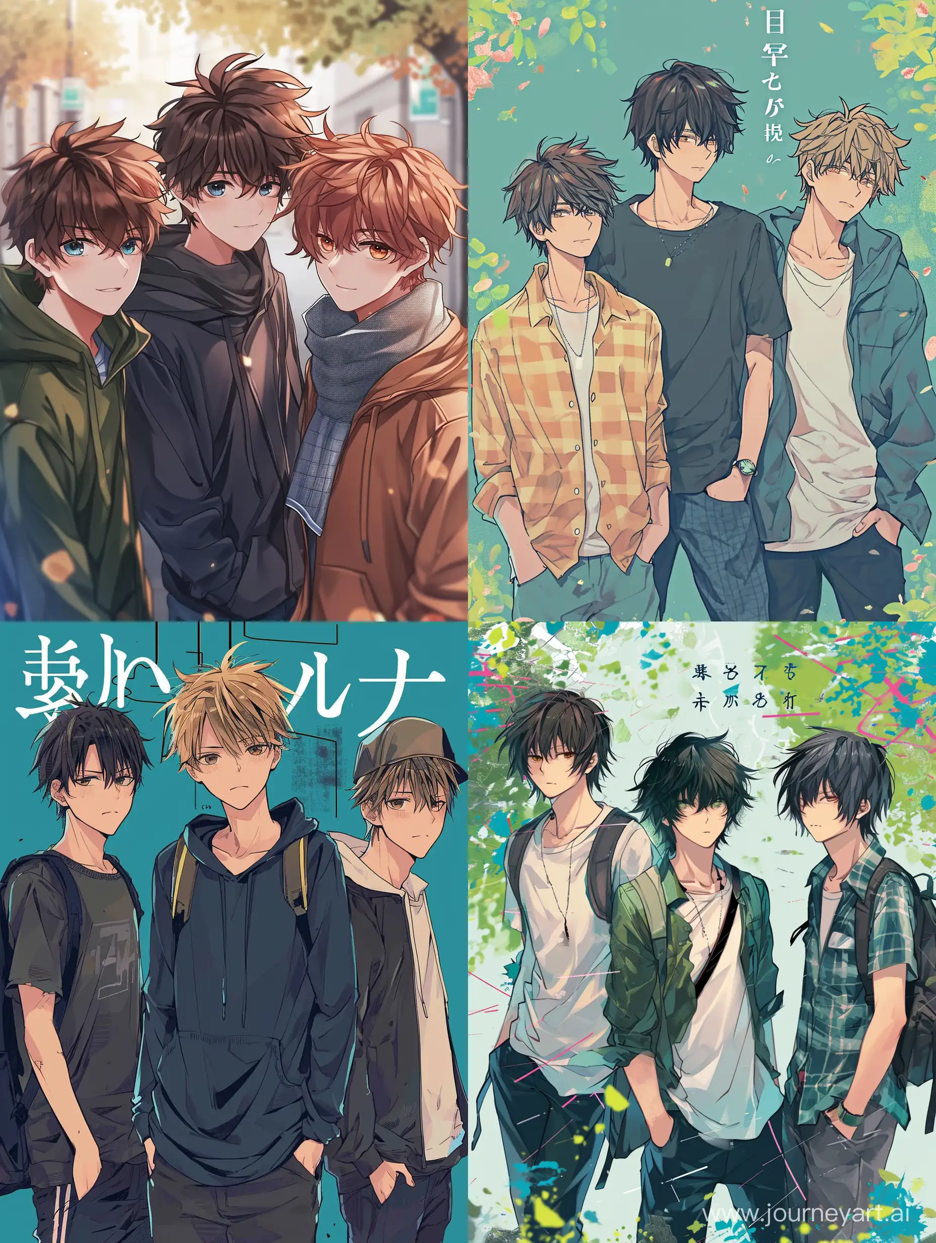 The anime style, the cover for manga, three boys. 