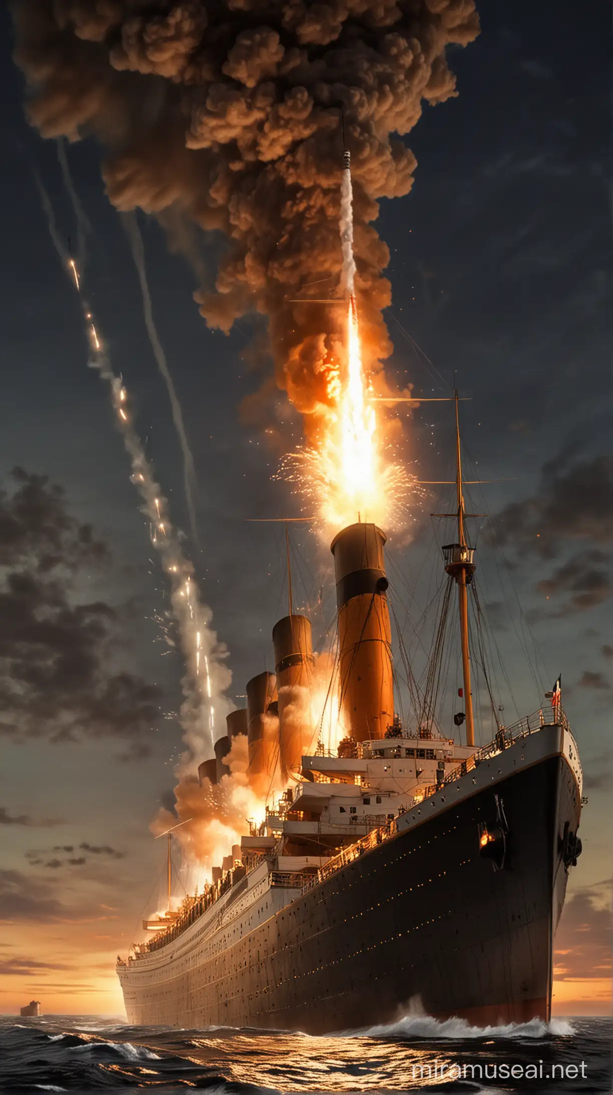 Titanic sends distress signals by firing flare rockets into the sky.