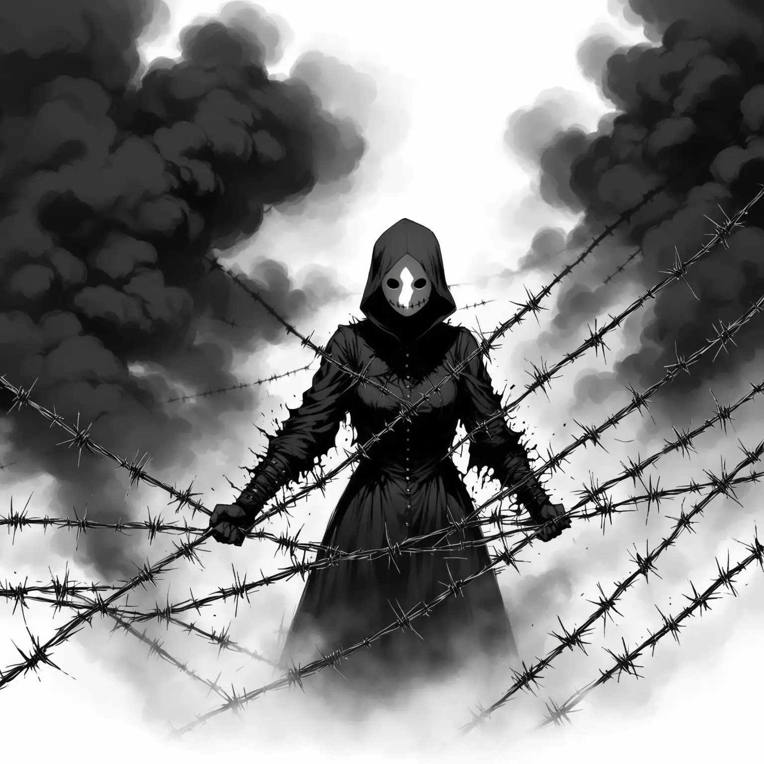 gothic figure fighting off barbed wires and black smoke with white background close up no face 