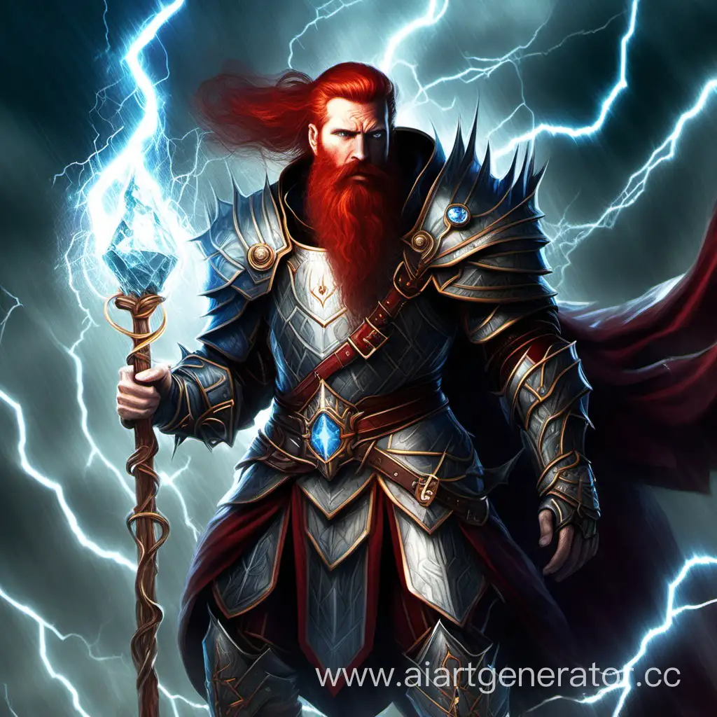 A sorcerer man with a tail on his beard, a red beard in armor, holding an icy staff, surrounded by lightning and magic, with enchanting eyes.