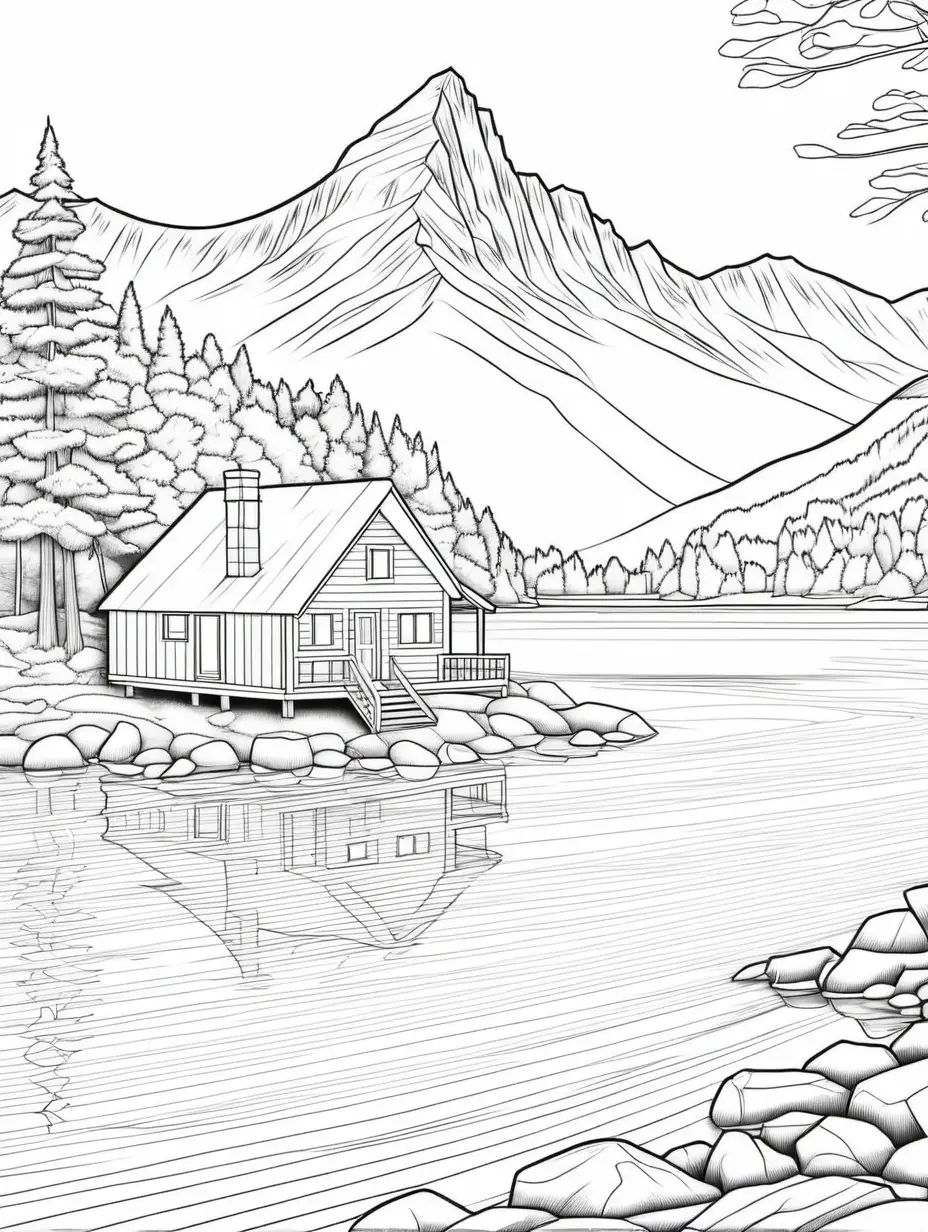 cabin near a mountain lake, coloring page, no color, thick lines, 