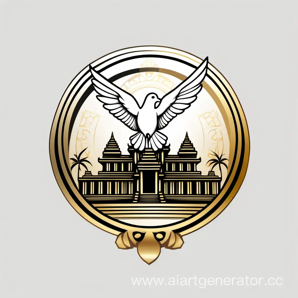 A  logo of a white dove, side view, with Angkor Wut background , clear and only outlines, gold color , draw like it is drown by a professional designer 