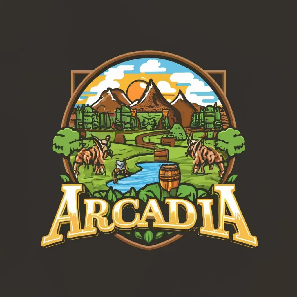 logo, Gaming, adventure, player vs environment, farming, friendly, with the text "Arcadia", typography, be used in Internet industry
